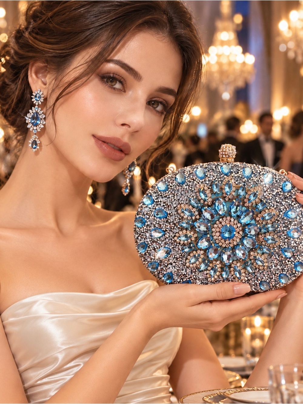 Luxury Blue Crystal Rhinestone Clutch Evening Jeweled Wedding ChristmasNYE Purse